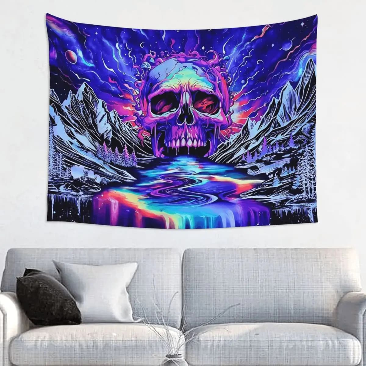 Skull Galaxy Mountain Tapestry Wall Hanging Print Polyester Wall Tapestry Skeleton Halloween INS Decoration Wall Decor Yoga Mat
