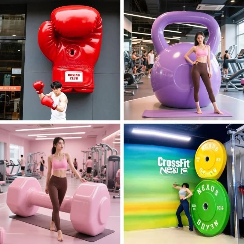 Grande Scultura Decorativa Tridimensionale in FRP a Forma di Pugilato, Manubrio e Kettlebell per Ingresso Commerciale