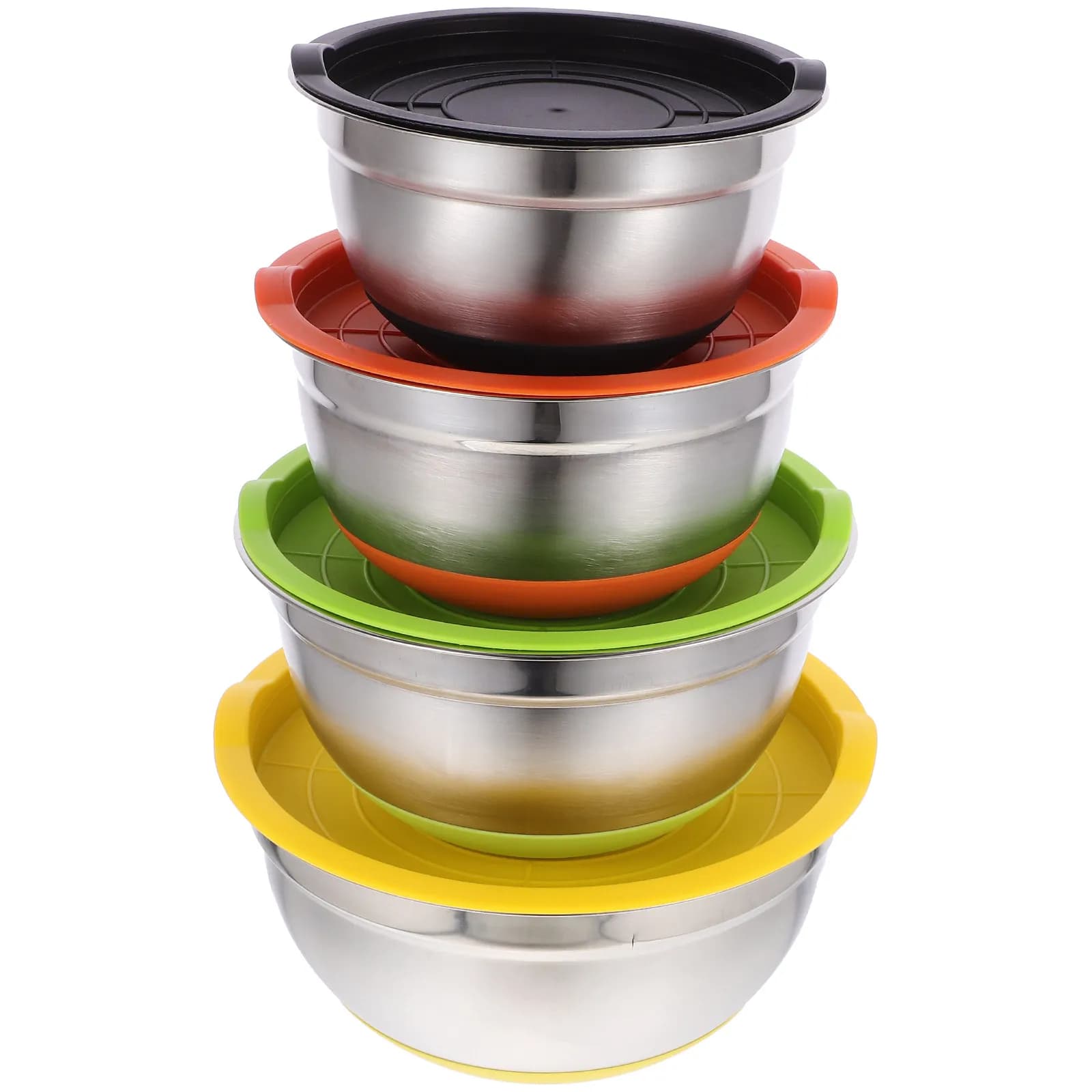Set di 4 Ciotole per Insalata in Acciaio Inox con Base Antiscivolo e Coperchio, Contenitori Multiuso per Alimenti, per Cucina, Casa e Ristorante, Ciotole per Mescolare e Servire