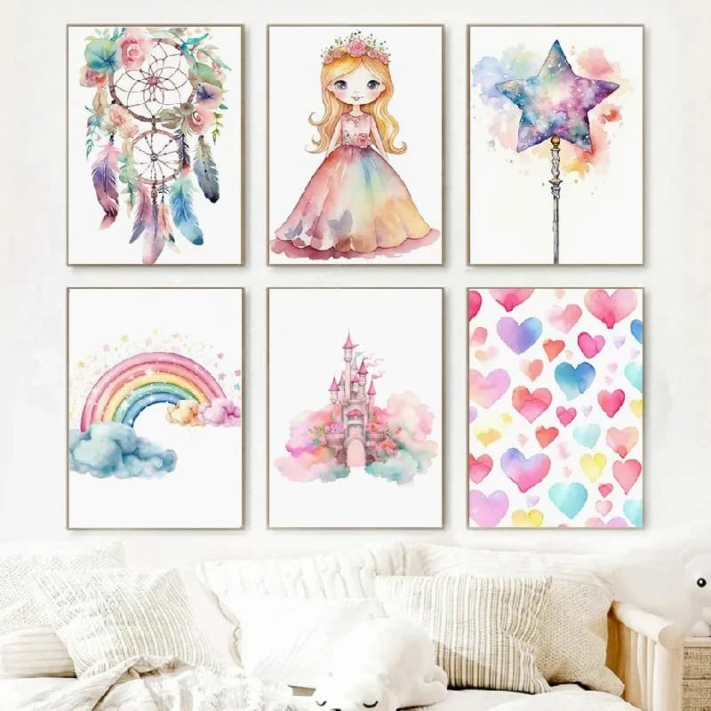 1pc Canvas Painting frameless Dreamcatcher Princess Unicorn Girl Fairy Castle Colorful Wall Art Canvas Painting Posters and Prin