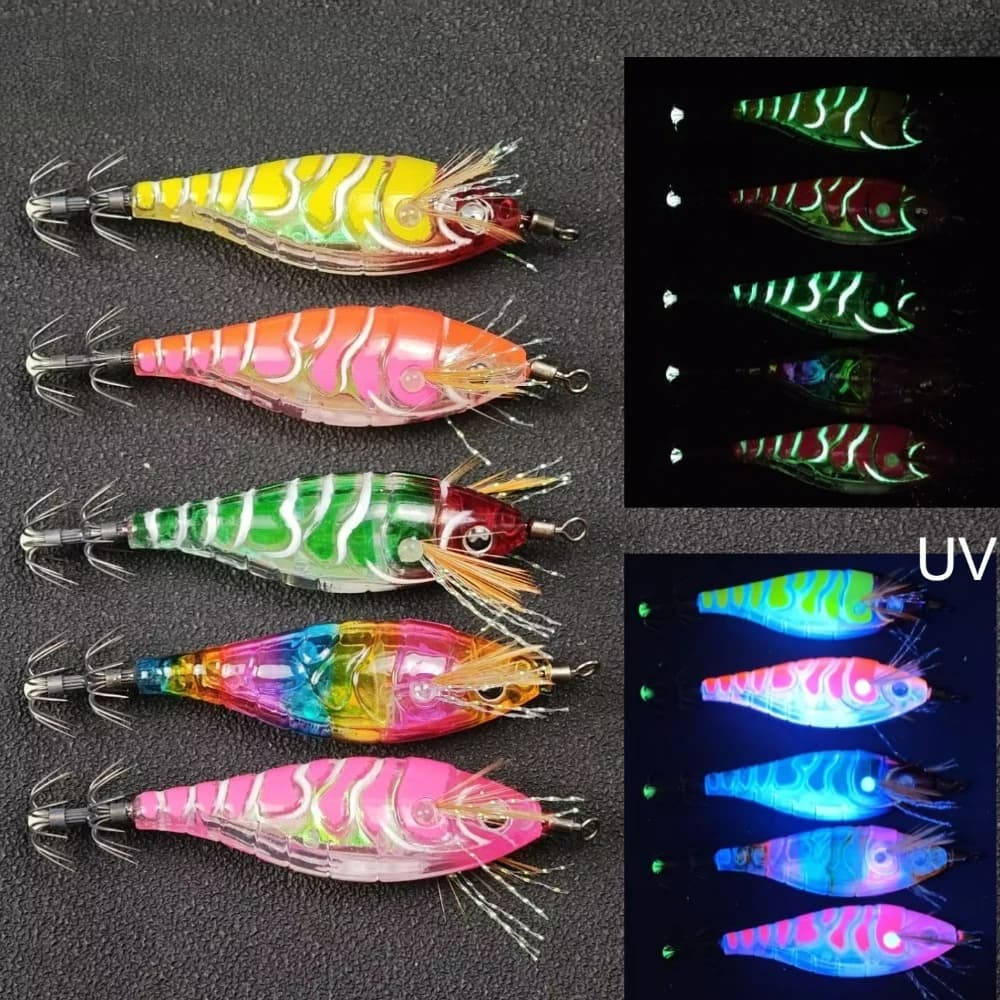 1 pz Esca Luminosa a Forma di Gambero da 7 cm per Calamari, Seppie e Polpi, per Pesca in Acqua Salata, Attrezzatura Fluorescente per Eging, Gambero in Legno