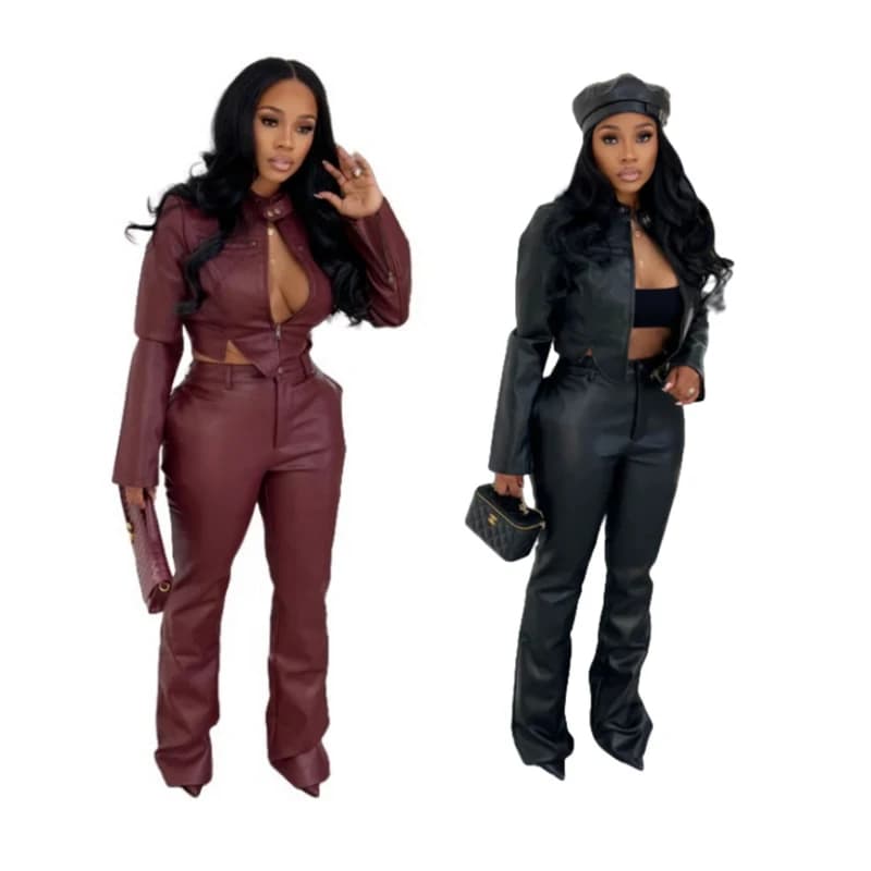 Women Pants Sets PU Leather Two Piece Long Sleeve Zip Crop Jacket and Pencil Pant Suits Slim Fit High Street 2 Pieces Set Outfit