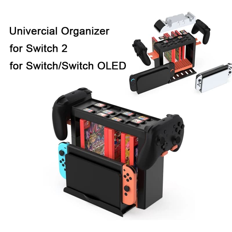 Organizzatore di archiviazione univerciale per Switch 2/OLED/Supporto per interruttori per carte da gioco/dischi/Dock TV/console/Supporto per controller