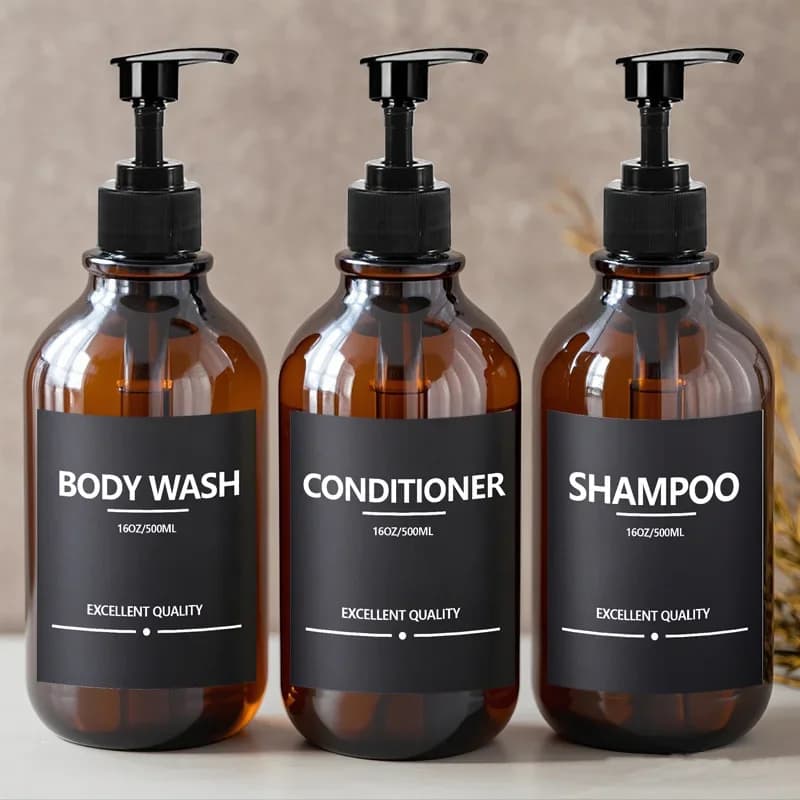 Set di flaconi per sapone marrone da 500 ml con etichetta adesiva nera, dispenser per shampoo e gel doccia, contenitore per liquidi, accessori da cucina