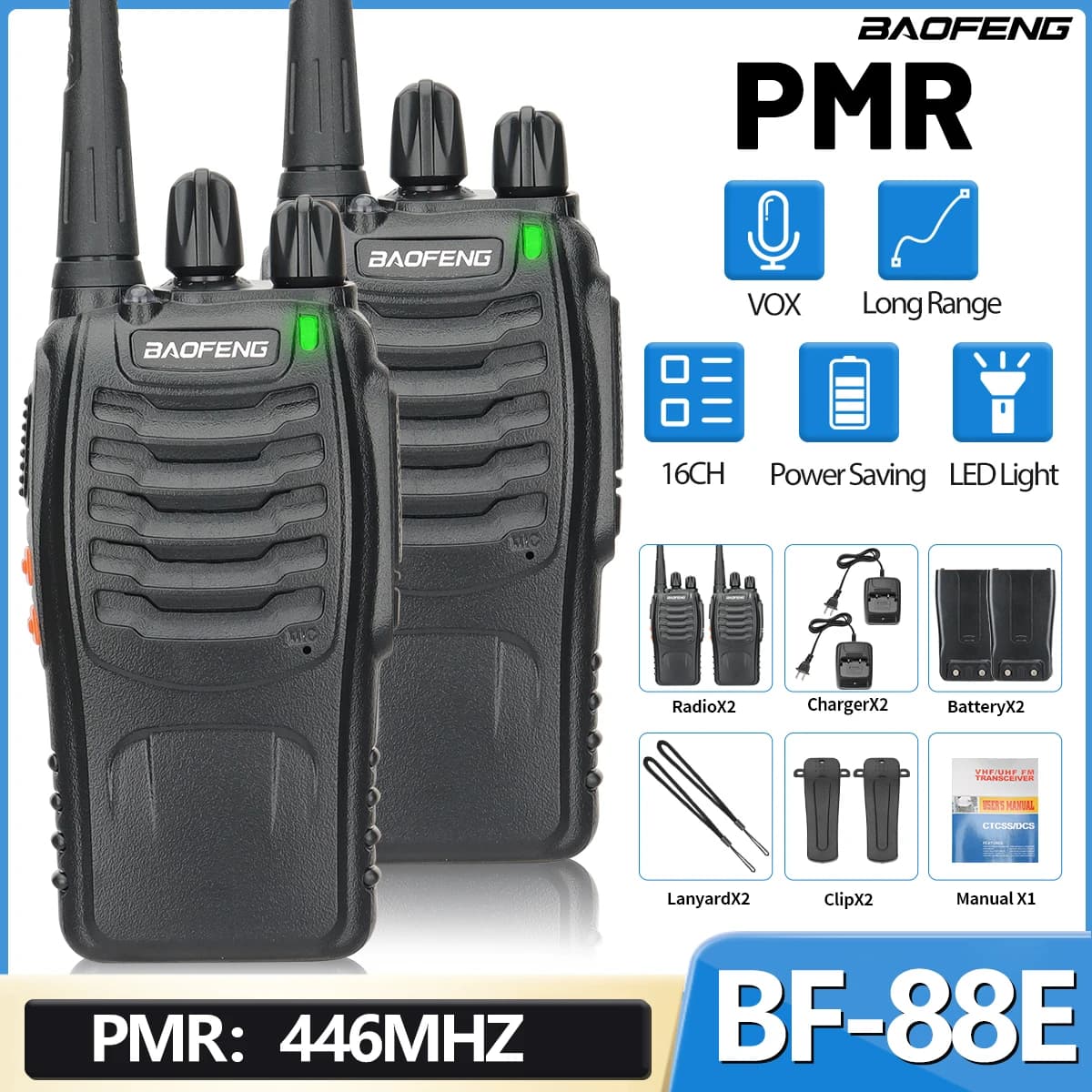 2PCS BAOFENG BF-88E portatile senza fili palmare a lungo raggio walkie talkie 446MHz 16CH PMR Ham radio bidirezionale per caccia campeggio