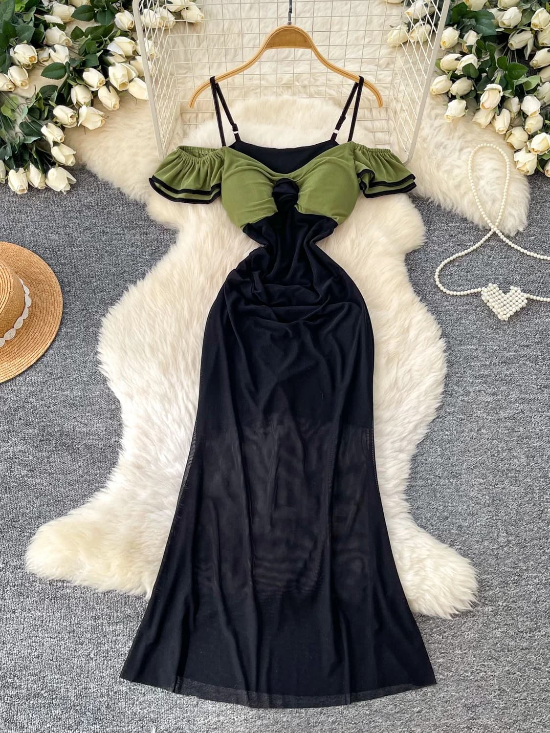 Spring Korean Style A-Line Dress Women's Long Skirt High Waist Slimming Mesh See-through Office Commute Clothing
