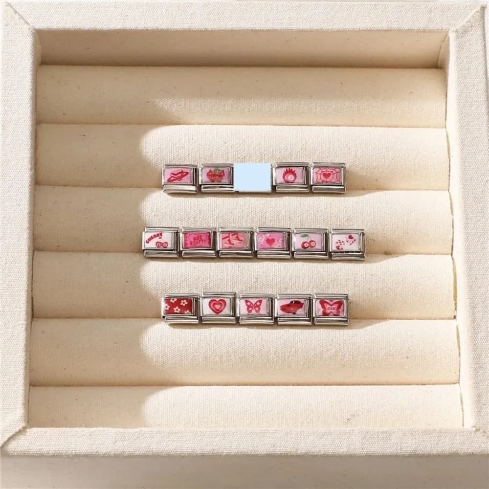 Bracciale con Charm a Cuore Rosso Rosa, Regolabile, Compatibile con Charm da 9mm, Maglie Italiane Colorate in Acciaio Inossidabile