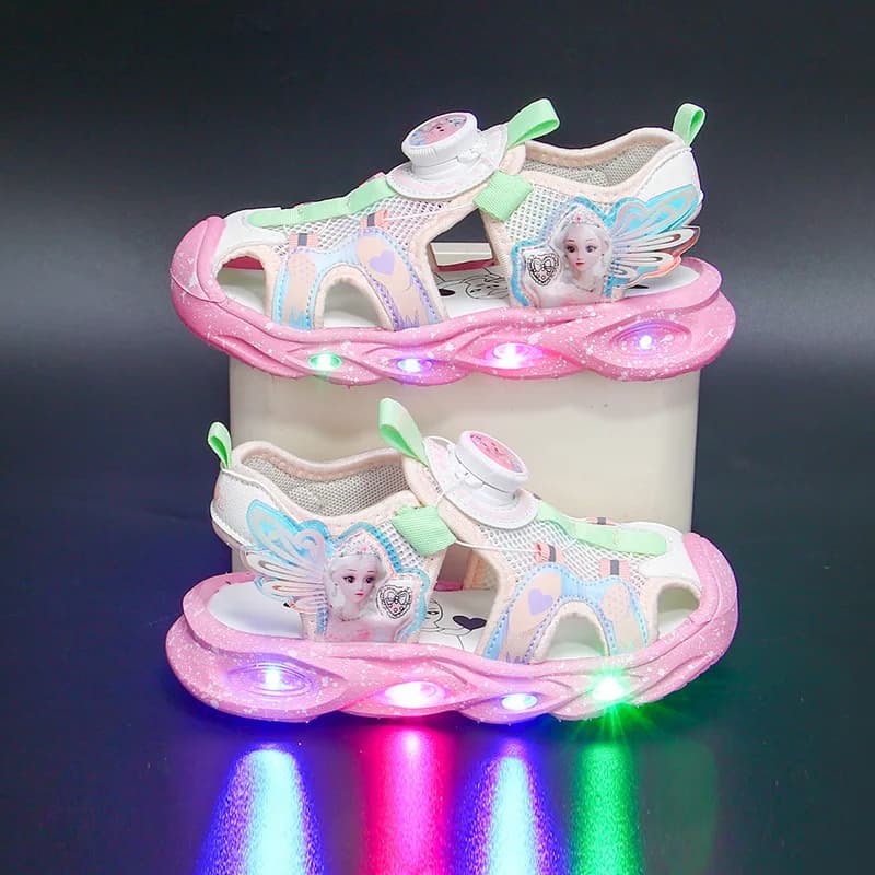 Sandali per bambini con luce a LED Elsa Princess Frozen con fibbia in pelle PU, scarpe estive per ragazze, antiscivolo, traspiranti, rosa viola, taglia 22-36