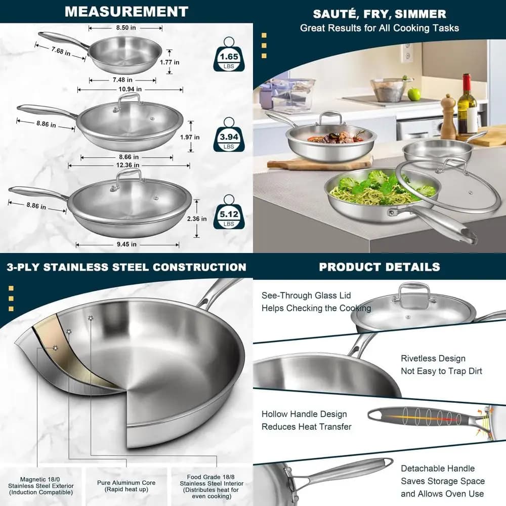 Set of 3 three-layer stainless steel pans with lid, 8-10-12, without PFOA and PTFE, compatible with induction, suitable for oven and dishwasher,
