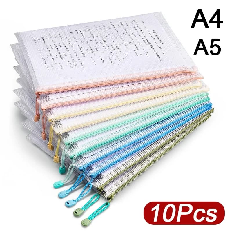 5/30pcs A4 A5 Mesh Zipper Pouch Borsa per documenti Impermeabile Zip Cartella di file Borse di stoccaggio per A4 A5 Forniture per ufficio Scuola di cancelleria
