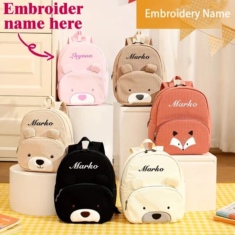 Personalized Embroidery Name Kids Backpack DIY Cute Animal Bear Fox School Bag Corduroy Children Bag for Toddler Preschool