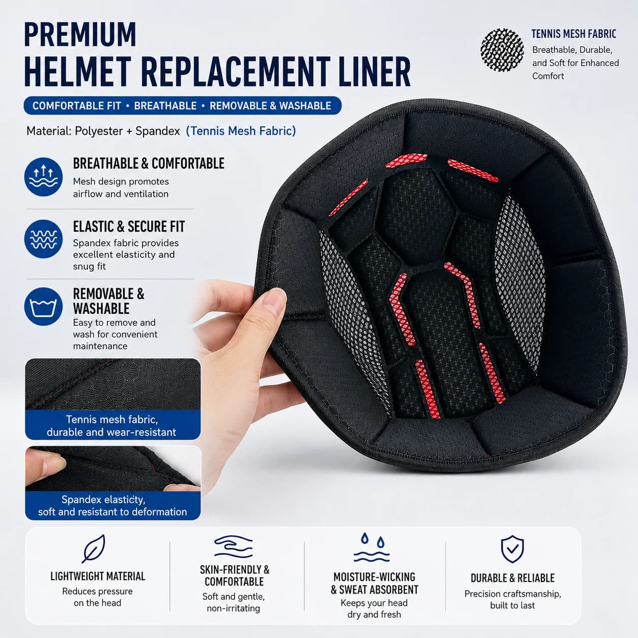 Padding for helmet, padding for road bike helmet, mountain bike, motorcycle, breathable and removable padding
