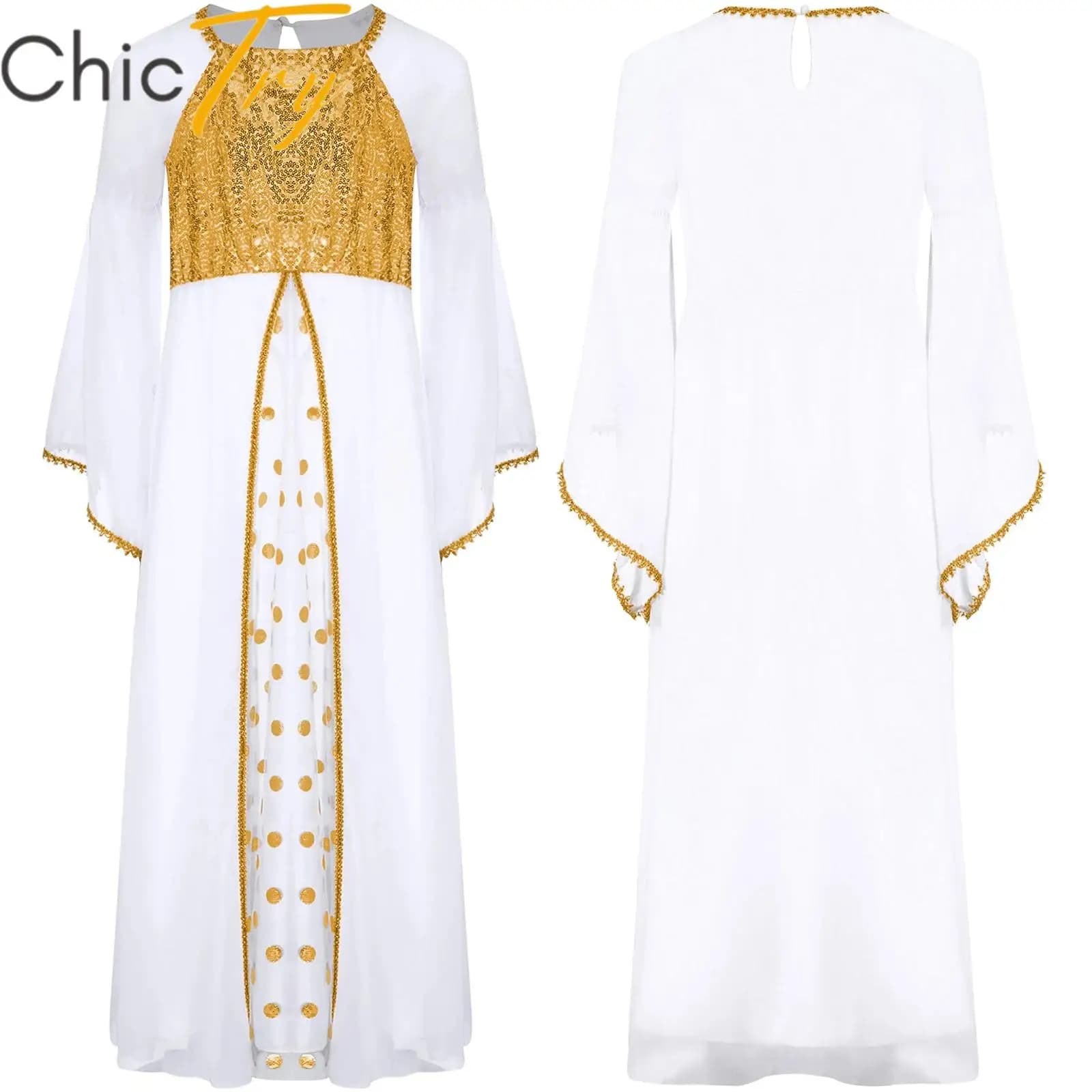 Costume da angelo per bambina, costume da angelo, cosplay di Halloween, abito lungo con paillettes, collo quadrato, maniche svasate, in chiffon fluido, gioco di ruolo