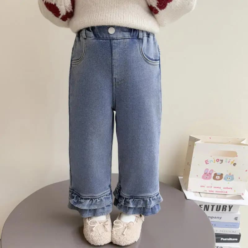 Girl Thicken Jeans Autumn Lace Straight-Leg Pants Child Versatile Keep Warm Kawaii Fashion New Style Casual Clothing Homewear