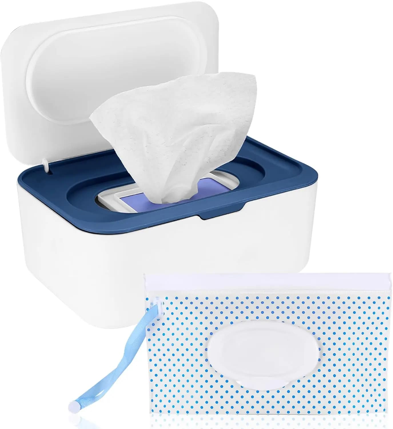Dispenser per salviette umidificate con coperchio, porta salviette antipolvere per scrivania di casa e ufficio, custodia per mascherine inclusa (Blu)