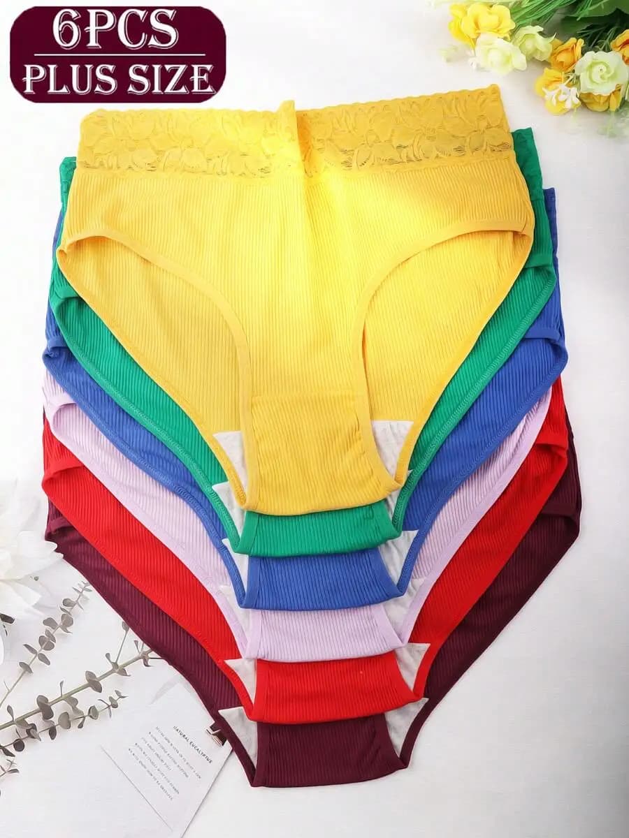 Confezione da 6 slip da donna in cotone a costine taglie forti con fascia in pizzo e motivo floreale