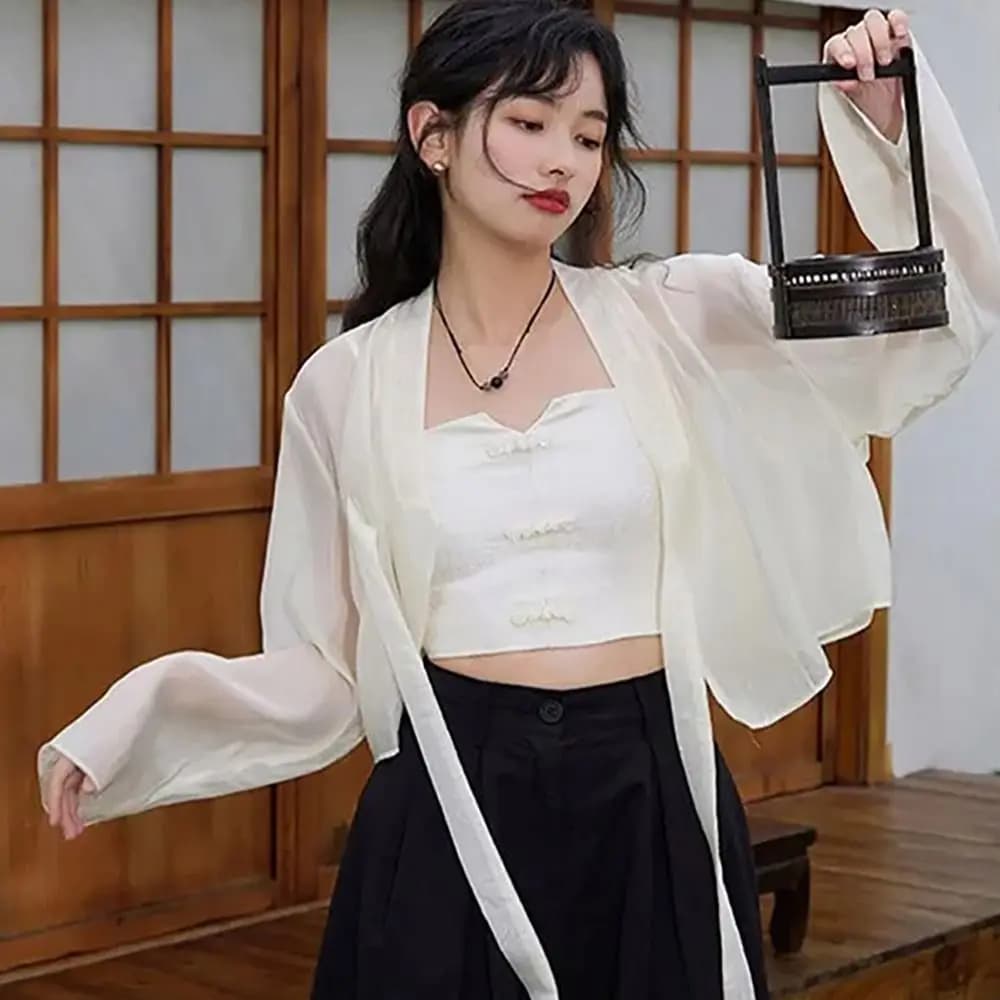 Hanfu Style Modal Ice Silk Shawl V-Neck Sheer Sun Protection Cardigan Open Front Long Sleeve Outerwear Spring Summer