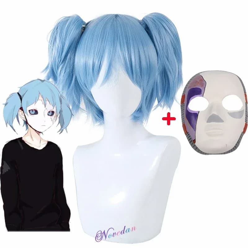Sally Face Cosplay Props Sally Latex Face Mask Wig Short Blue Heat Resistant Synthetic Hair Clip Ponytail Wig Costume