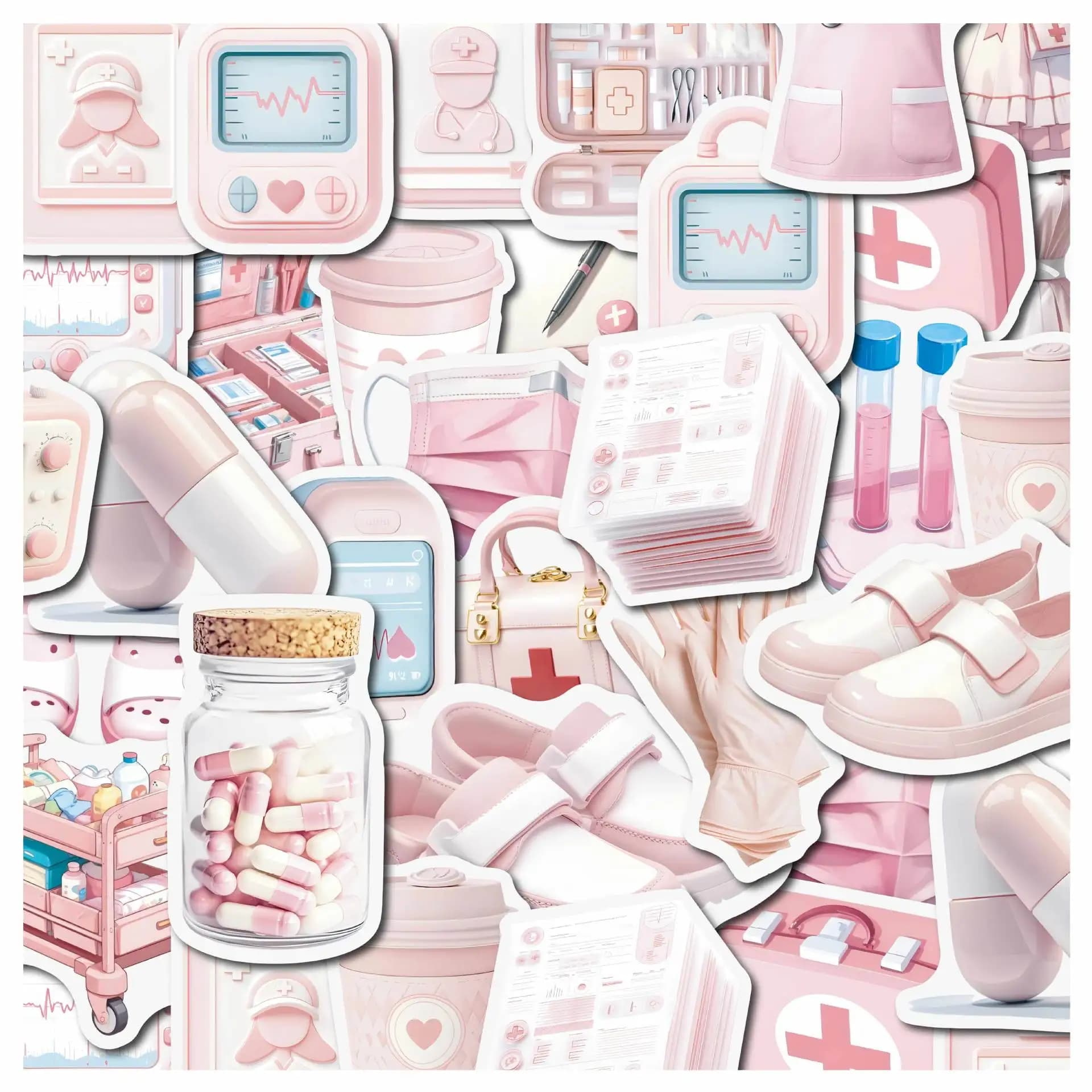 50 Pezzi Adesivi Carini Rosa per Dottori e Infermieri, Adesivi Cartoon di Strumenti Medici, Decorazioni Fai-da-Te per Cancelleria, Valigie, Telefoni, Giocattoli per Bambini