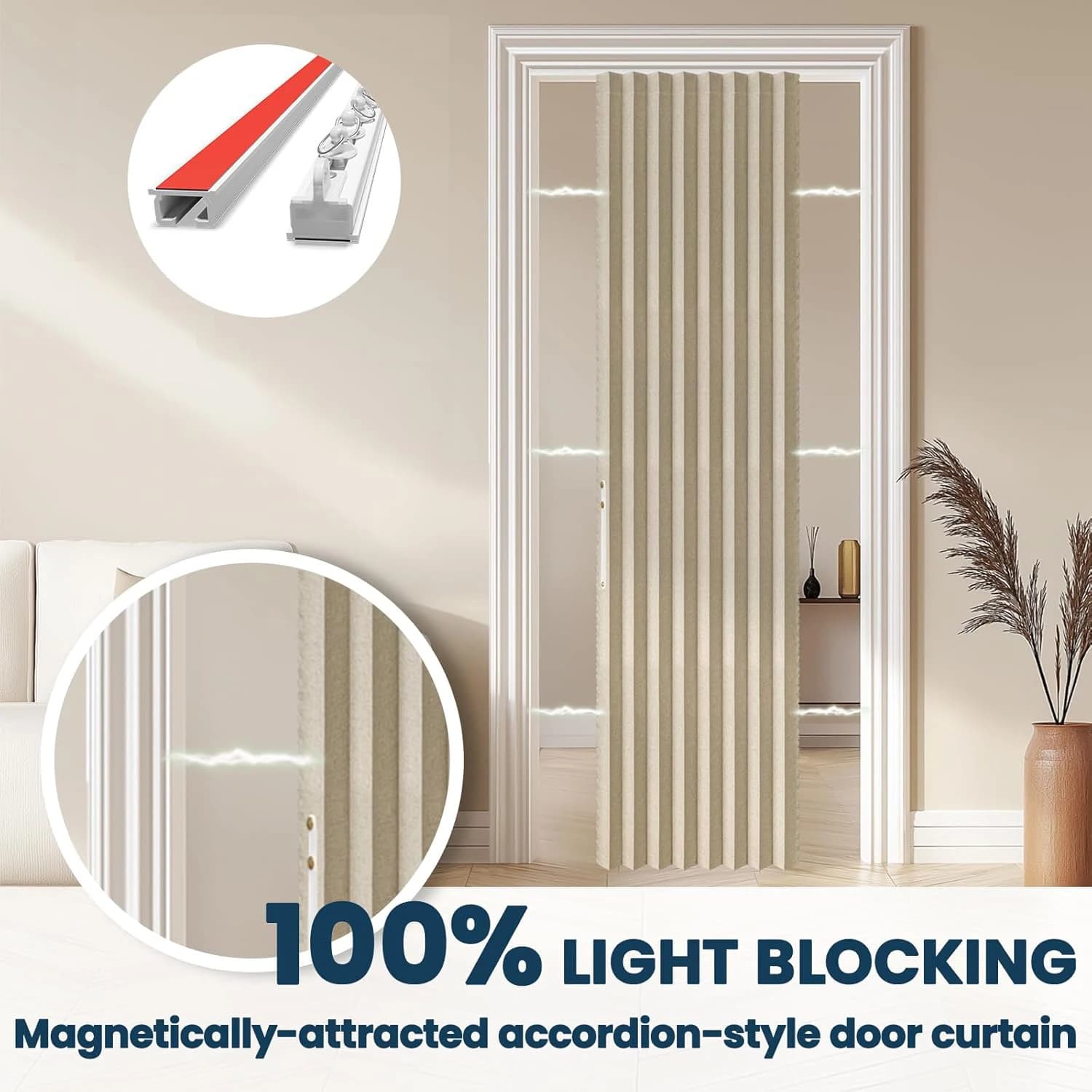 Tenda Magnetica Oscurante al 100% per Porta, Invisibile e Pieghevole, per Soggiorno, Set di Tende a Fisarmonica con Binari Inclusi