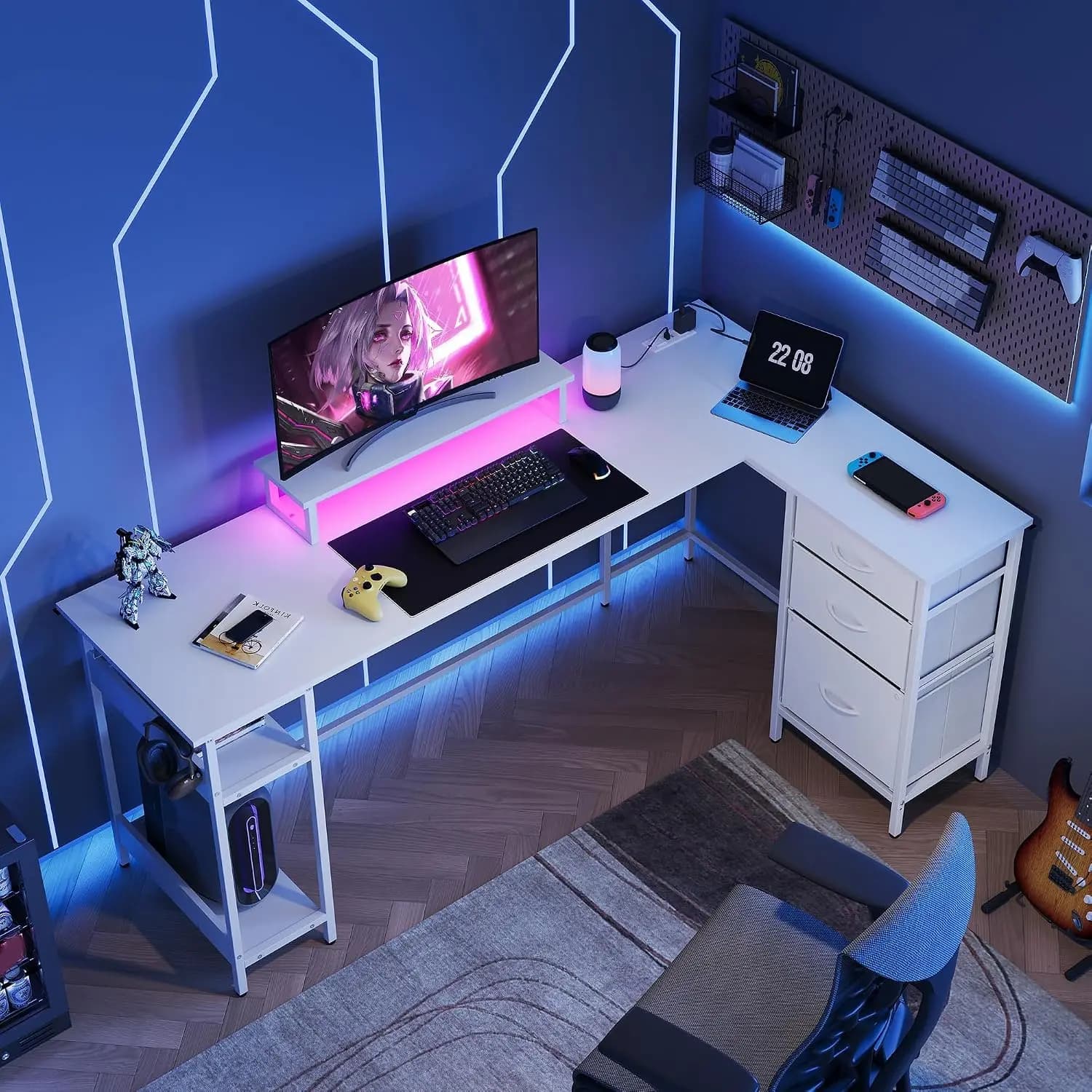 L Shaped Gaming Desk with Drawers Storage LED Lights Power Outlets Monitor Stand Home Office 66 Inch White, Customized