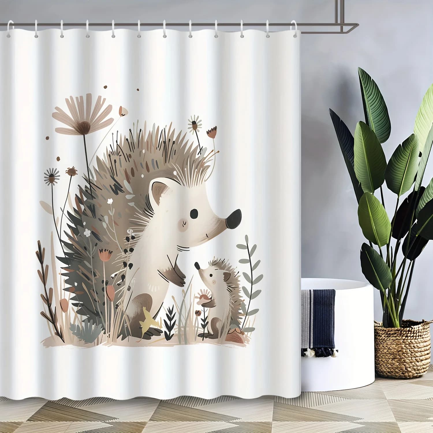 Cute Hedgehog Shower Curtain Waterproof Fabric Bathroom Curtains Floral Forest Animal Bath Screen Divider Home Decor With Hooks