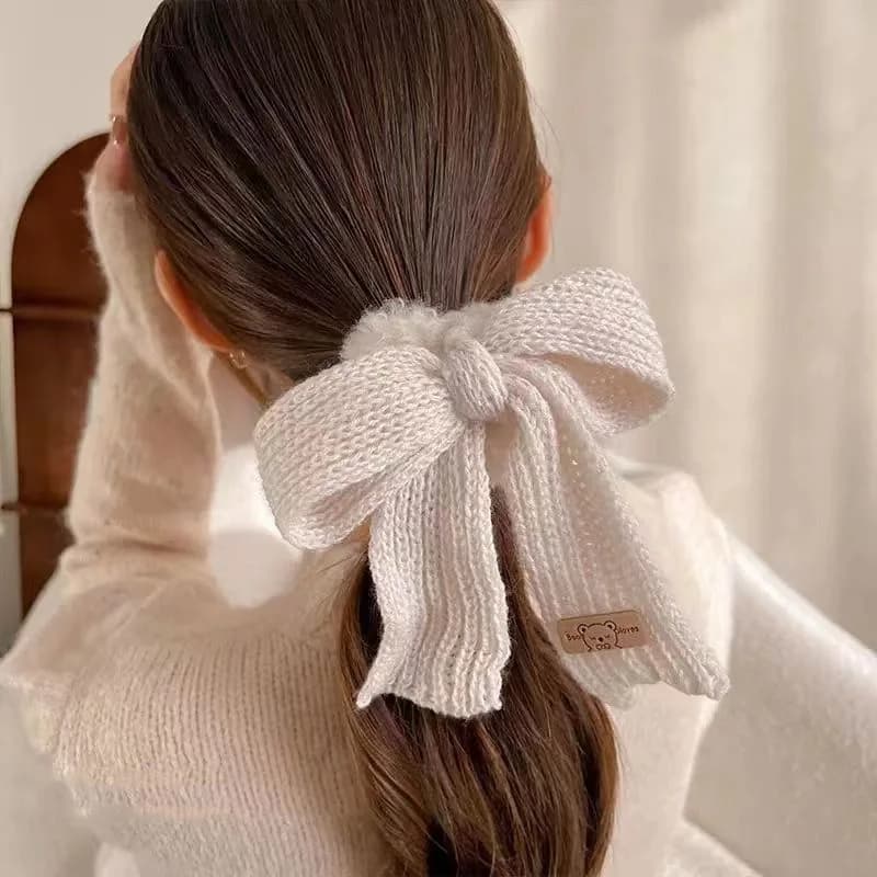 1pc Korean version of new large plush solid color yarn bow, Korean style girl hair loop, lazy style temperament, rubber band