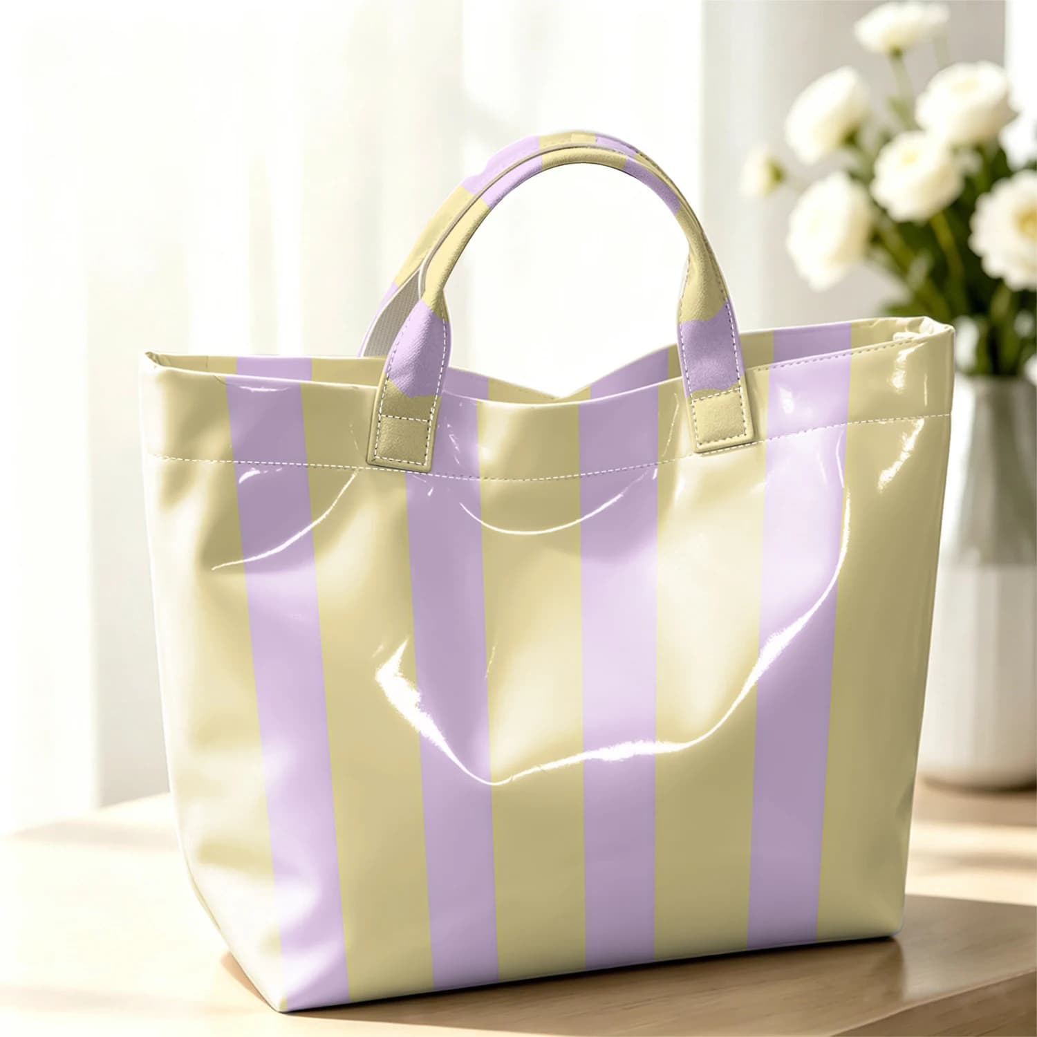 Yellow Line Fashion Large Glossy PVC Tote Bag Hand Washable Waterproof Perfect Travel Commute Cosmetic Storage Shopper