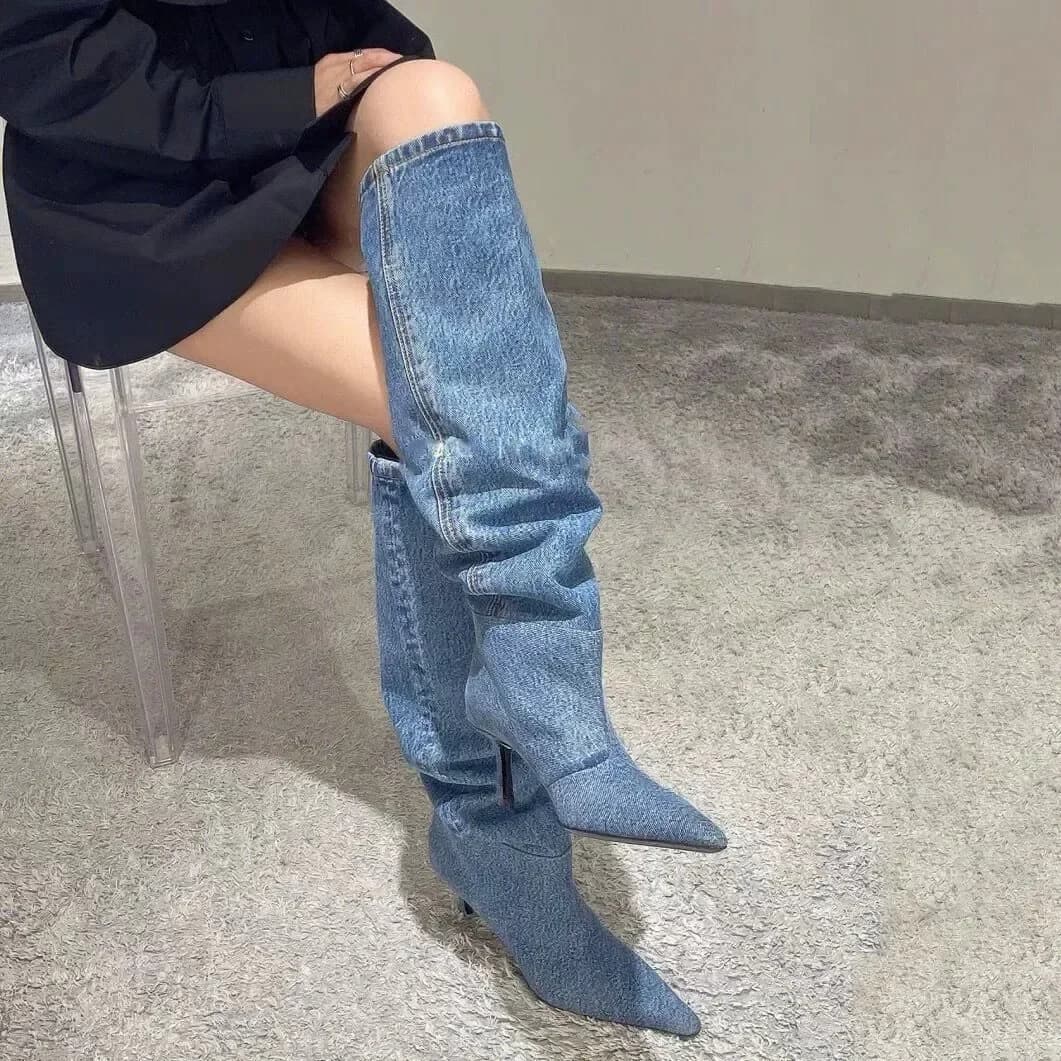 High Heel Long Tube Over Knee Boots Folded Boots Women Boots Autumn Winter Boots jeans with fashionable sharp pointed skinny heel