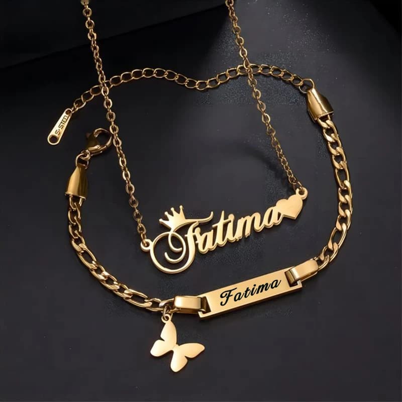 HIYONG personalizzato corona nome collana braccialetto Set gioielli in acciaio inox cuore farfalla fascino Bar collana intagliata regalo