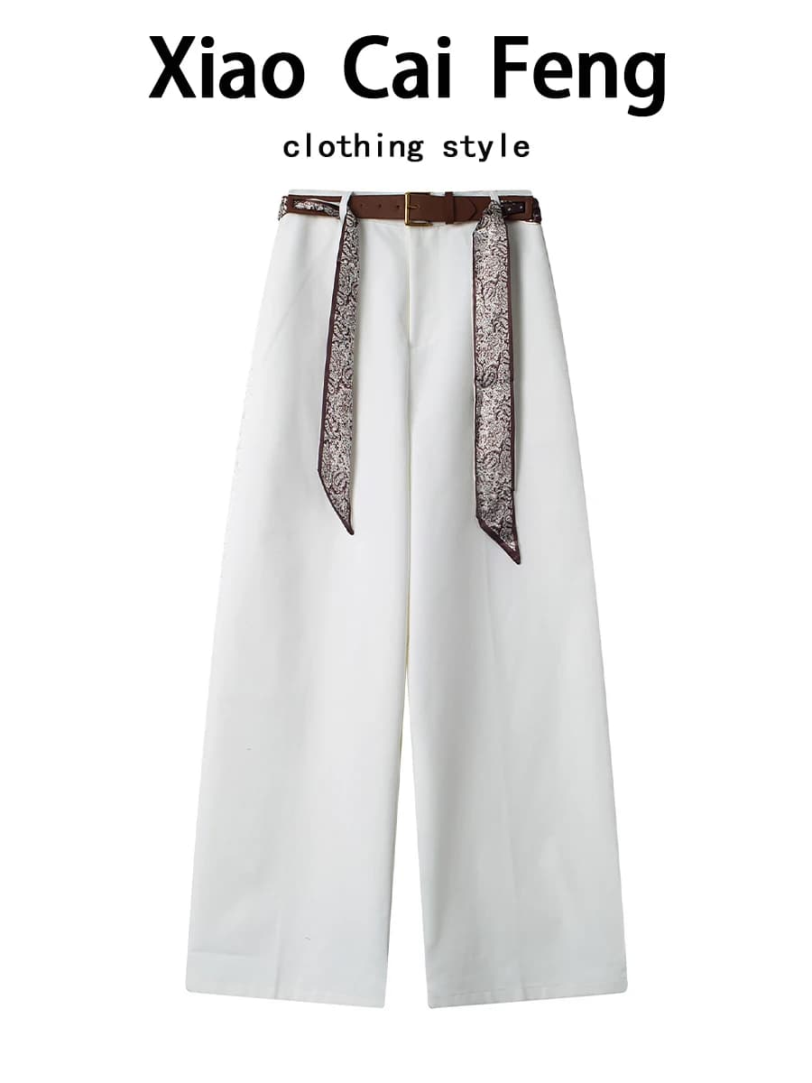 High Waist Pants and Women's Larga, Design Casual Spring and Summer with Silk and Belt Scarf, Old Money Style, Straight Leg