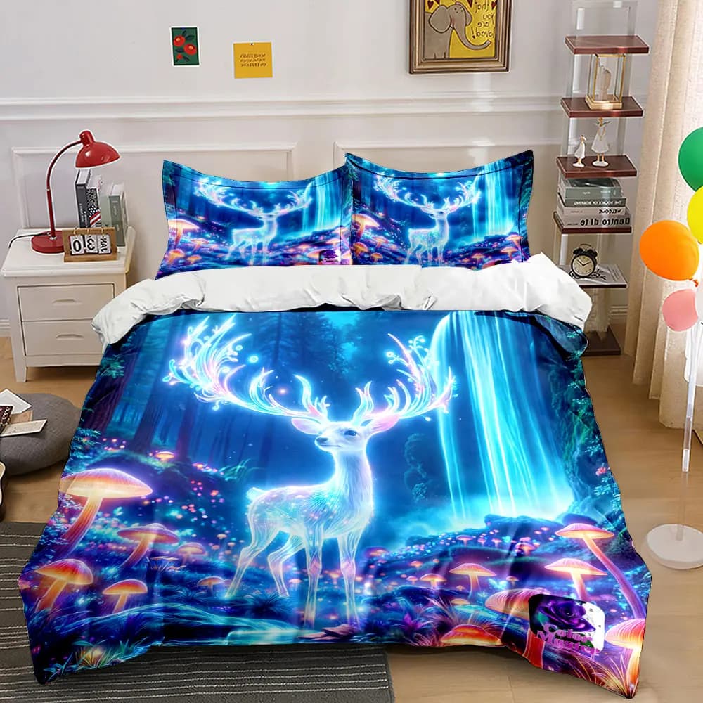 "Fantasy Deer Forest Set Decor" Bedding Set with 1 Duvet Cover 2 Pillowcases Single Double King Queen, Gift