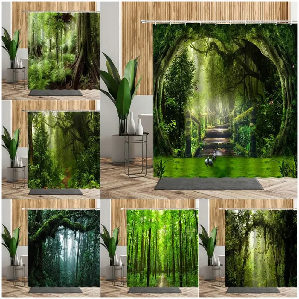 Tenda da doccia impermeabile con paesaggi naturali della foresta tropicale 3D, alberi verdi, muschio, foresta profonda, schermo divisorio per bagno