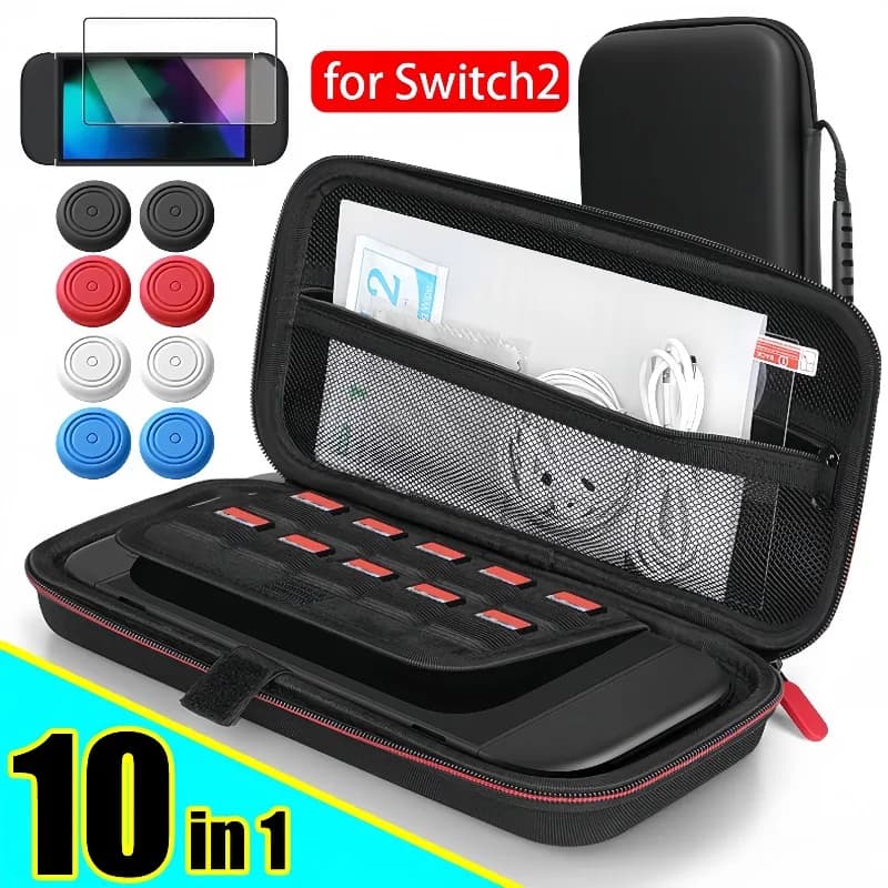 Custodia 10IN1 + vetro + cappucci per Nintendo Switch 2 Kit protettivo Guscio rigido Cappucci per joystick in silicone Pellicola in vetro temperato per Switch2