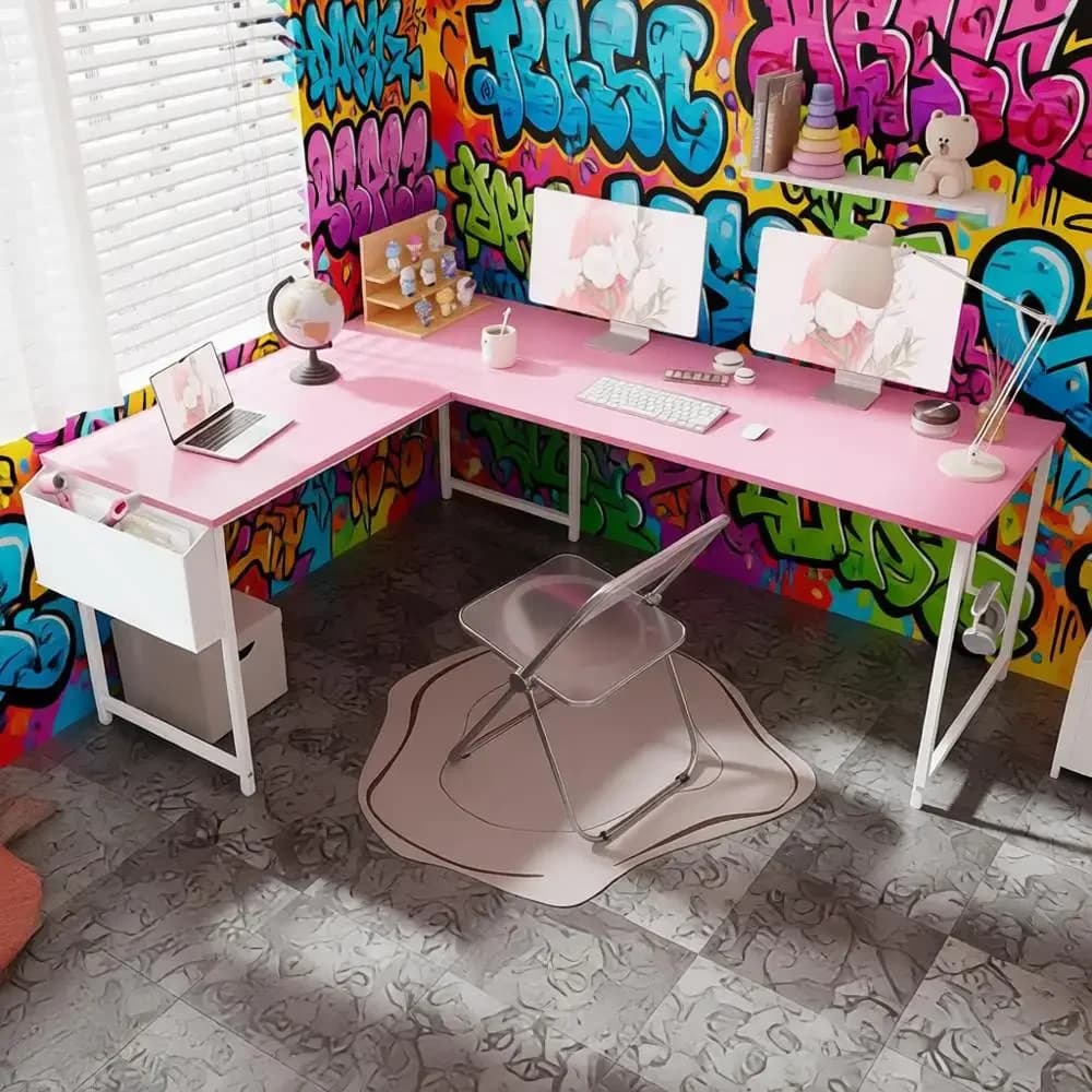 Grande scrivania da gioco rosa a forma di L con contenitore per ufficio domestico, studio o scrittura
