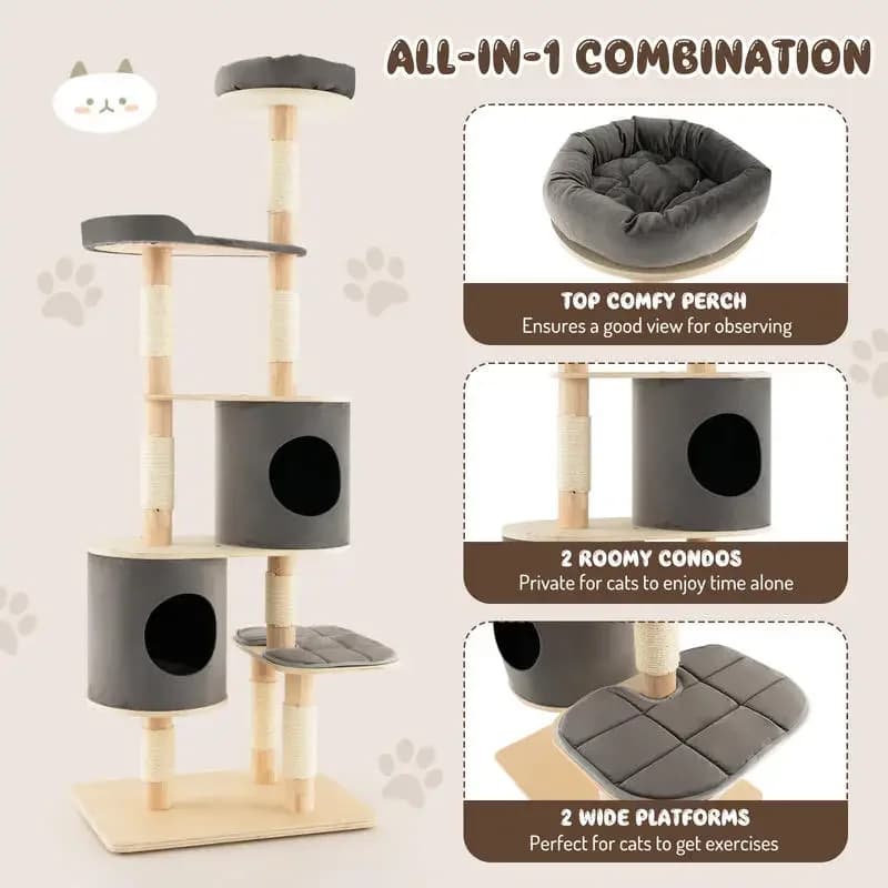 Albero per Gatti a 6 Livelli in Legno con 2 Cucce Rimovibili e Piattaforme - Grigio