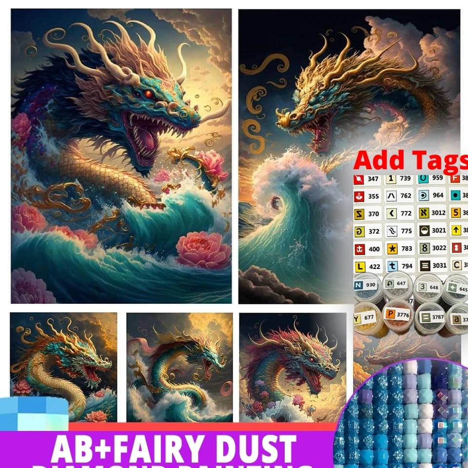 Fairy Dust AB Comes with DMC stickers Drill Embroidery Fantastic Animal Full Diamond Chinese Style Mosaic Dragon Sea Scenery Flo