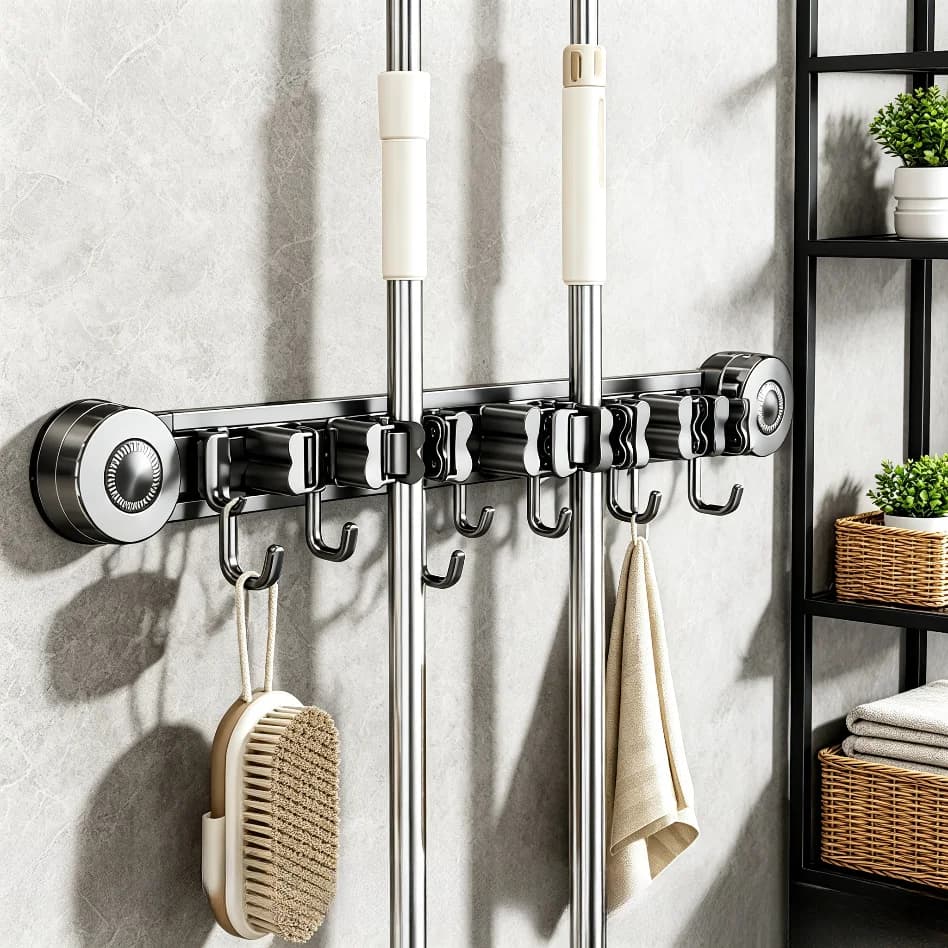 No Drill Wall Mount Mop Broom Holder Household Suction Cup Storage Hook For Bathroom