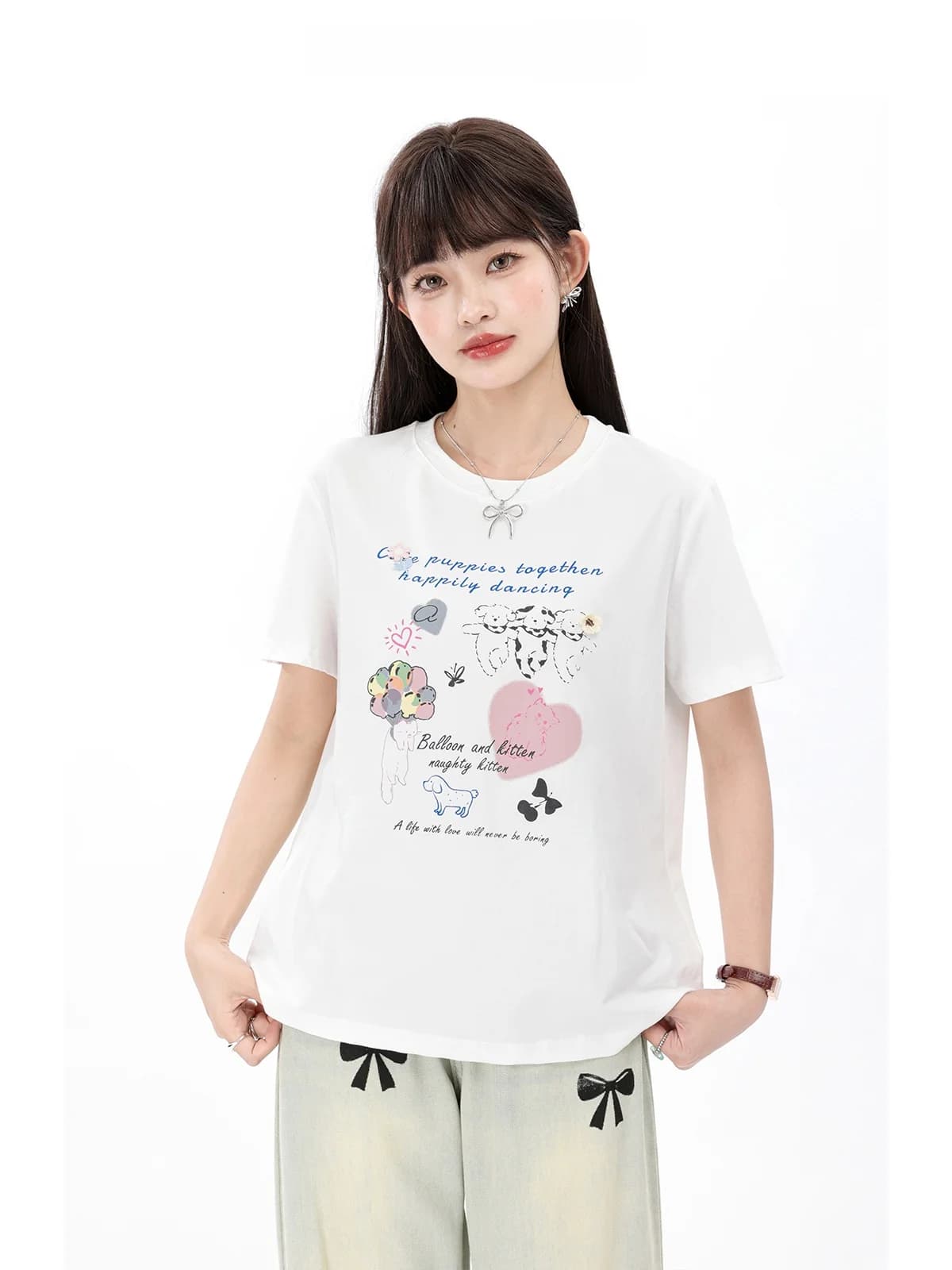 Casual Loose Printed round Neck Short Sleeve T-Shirt Summer Stylish Age-Defying Korean Style Slimming Versatile Women's Top