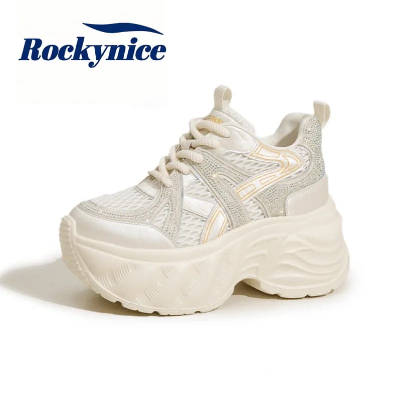 9.5CM Microfiber Leather Casual Vulcanize Shoes High Platform Wedge Bling Chunky Sneakers Breathable Mesh Autumn Sport Dad Shoes