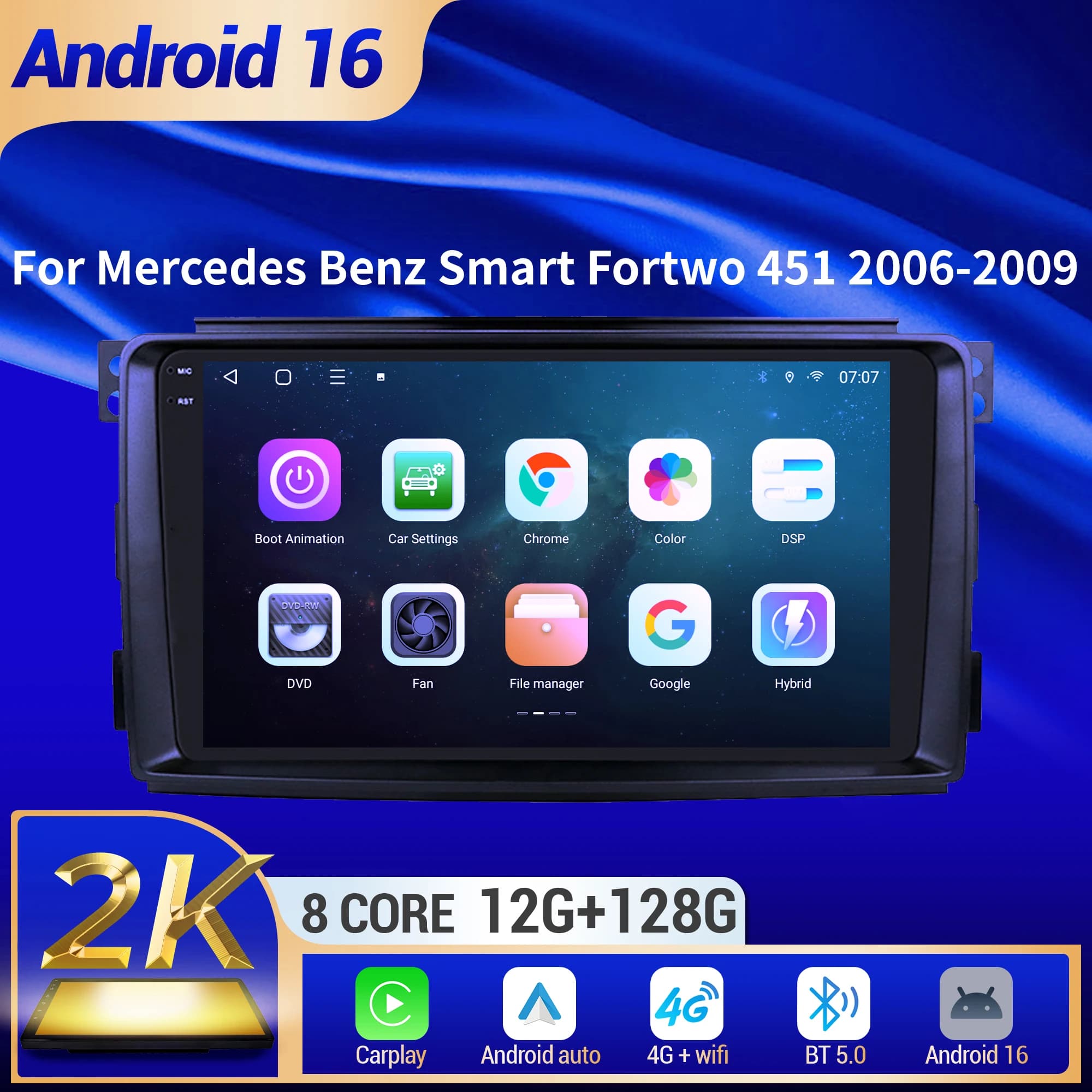 9“Car Radio Android 16 For Mercedes Benz Smart Fortwo 451 2006-2009 BT Carplay Multimedia Navigation Head Unit 2K QLED Screen