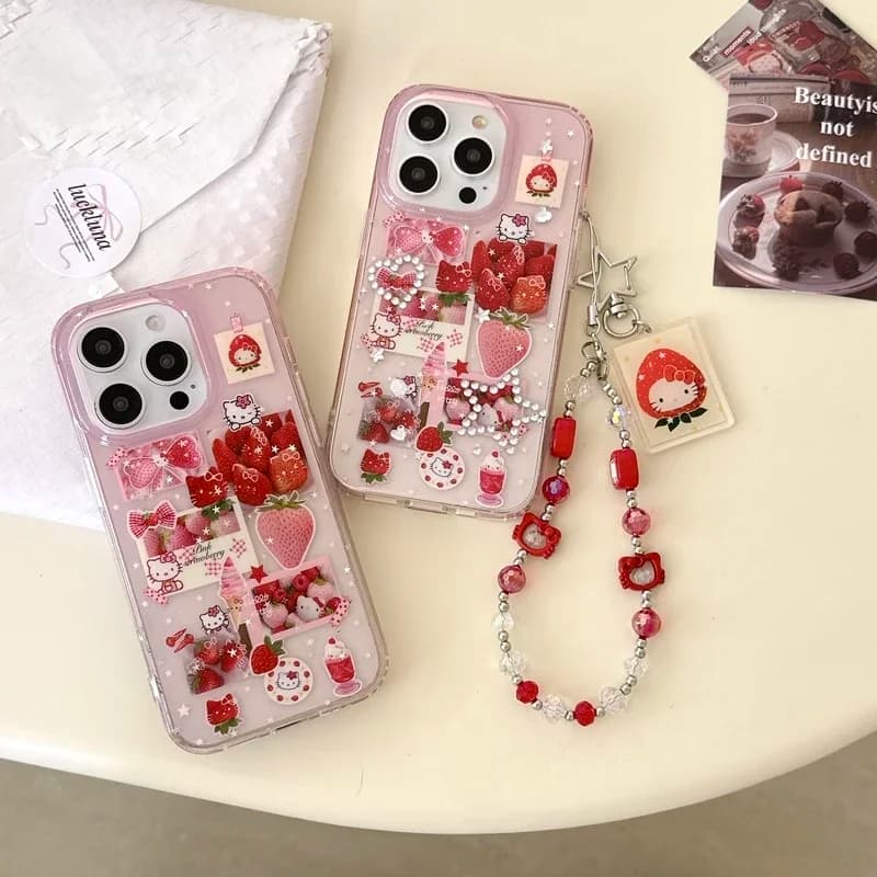Simpatico cartone animato Sanrio Hello Kitty Adesivo fragola Bling Glitter Custodia per telefono per iPhone 16 15 14 13 Pro Max Cover rigida antiurto