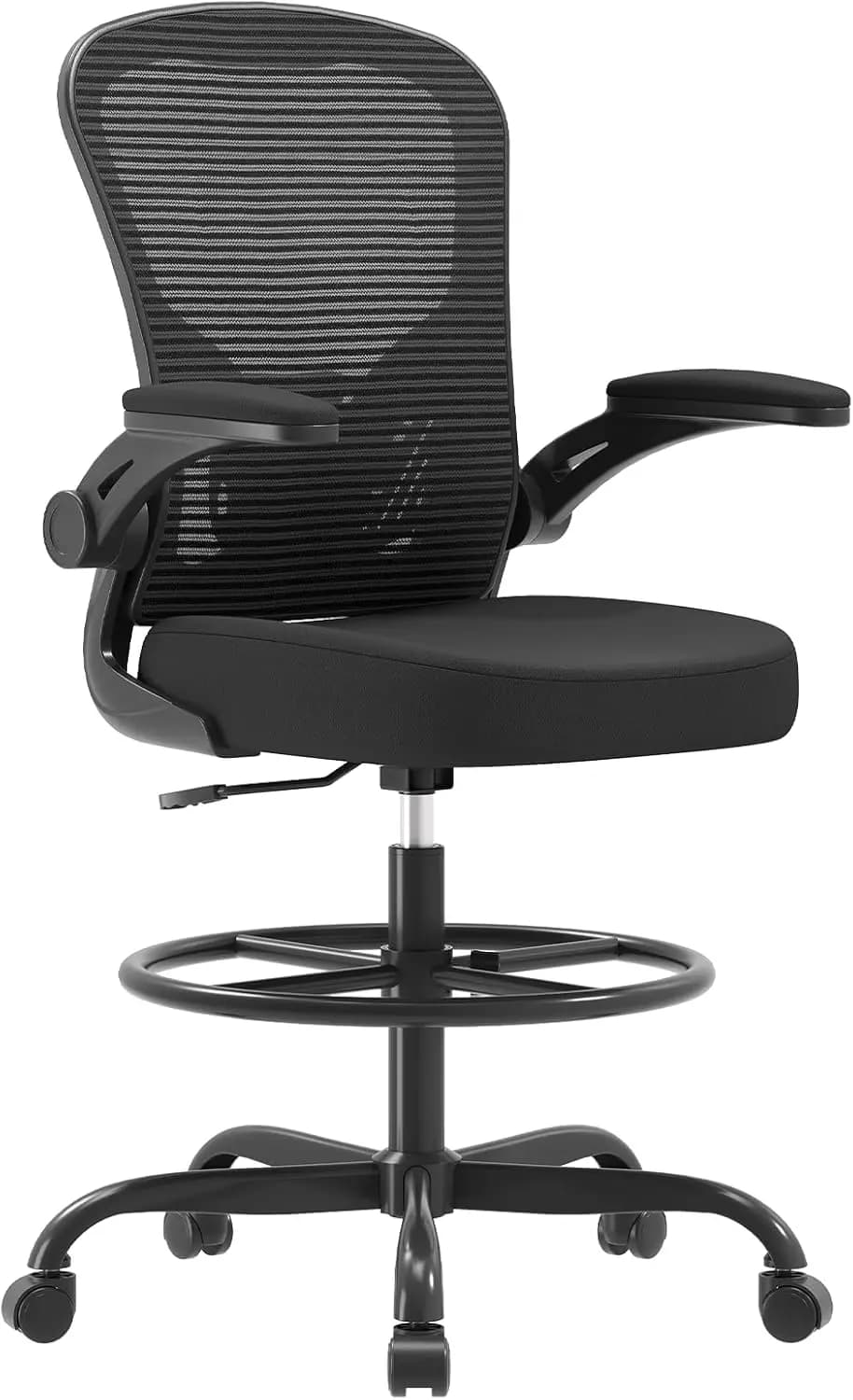 Sedia da Disegno Ergonomica, Sedia da Ufficio Alta con Braccioli Ribaltabili, Sedia da Scrivania Alta in Rete Traspirante con Supporto Lombare e Anello Poggiapiedi Regolabile, Nera