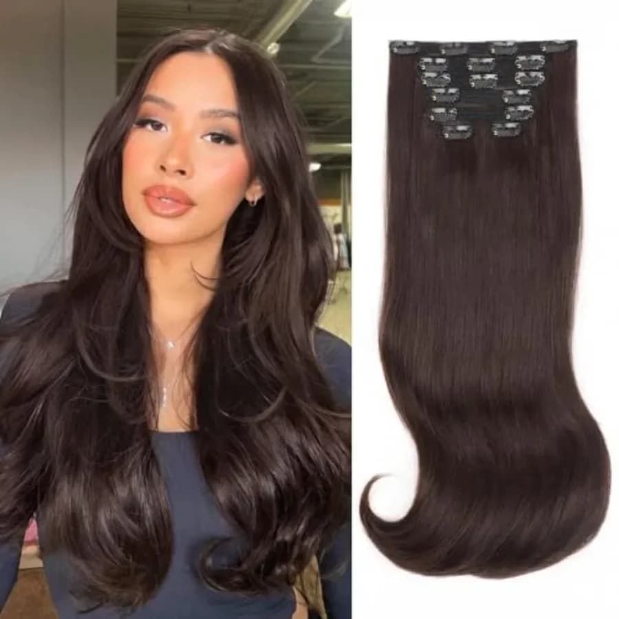 Hair Extensions, 4PCS Clip in Hair Extensions, 20 Inches Dark Brown Long Wavy Natural Soft Synthetic Hairpieces for Women