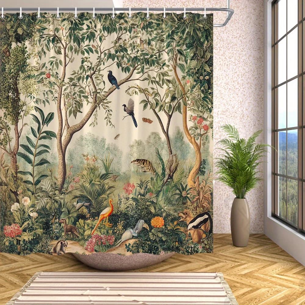1 pezzo di tenda da doccia della giungla botanica, tessuto in poliestere, decorazione per il bagno con 12 ganci, design vibrante della foresta tropicale