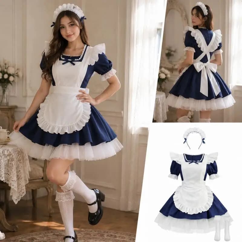 Costume da Cameriera Blu e Bianco per Donna, Set con Vestito in Pizzo, Grembiule, Fascia per Capelli e Calze per Halloween, Cosplay, Feste, Outfit Anime Lolita