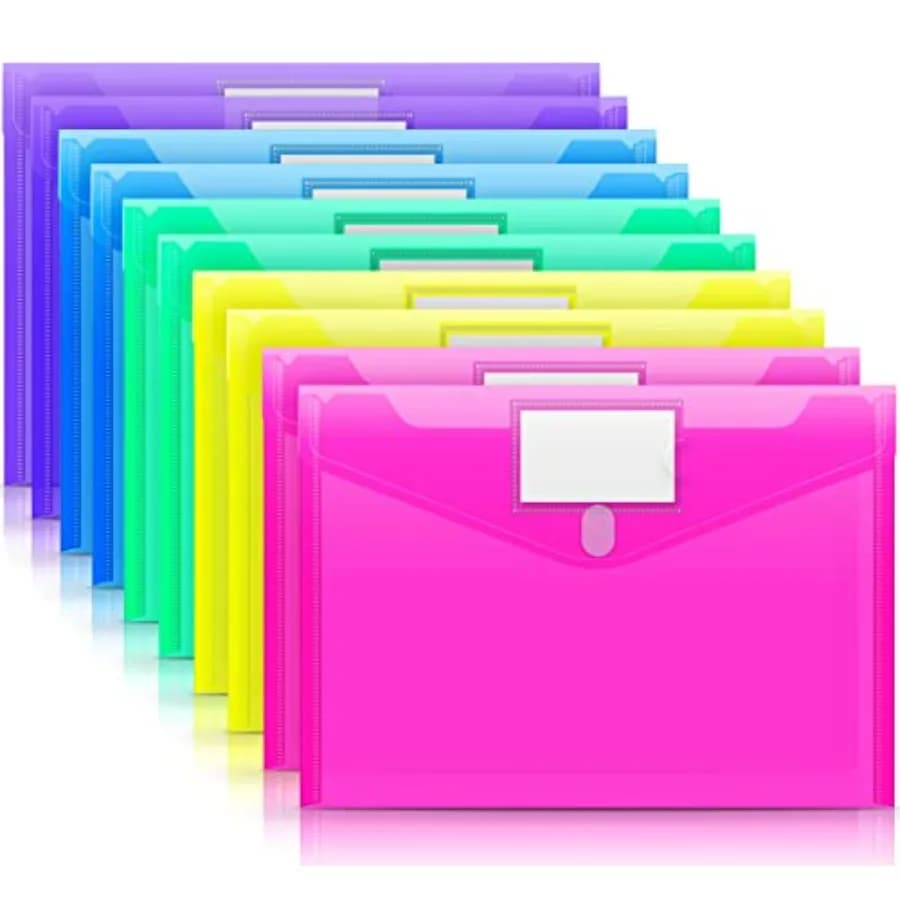 Pack File Folders, Clear Poly Envelopes Plastic Folders, Folder for Documents Letter A4 Size with Label Pocket, Teacher School