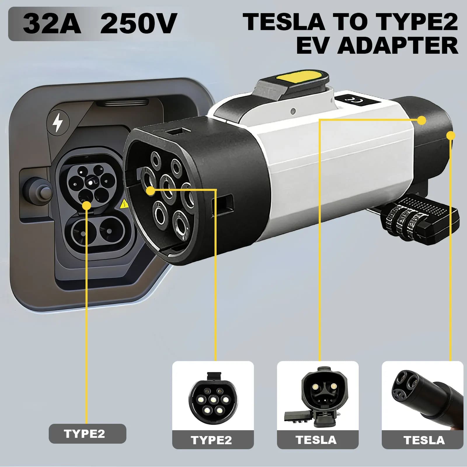 Adattatore antifurto bloccabile da NACS a Tipo 2 per caricabatterie veicoli elettrici, connettore 32A 7KW 250V, da caricatore Tesla a ricarica auto Tipo 2