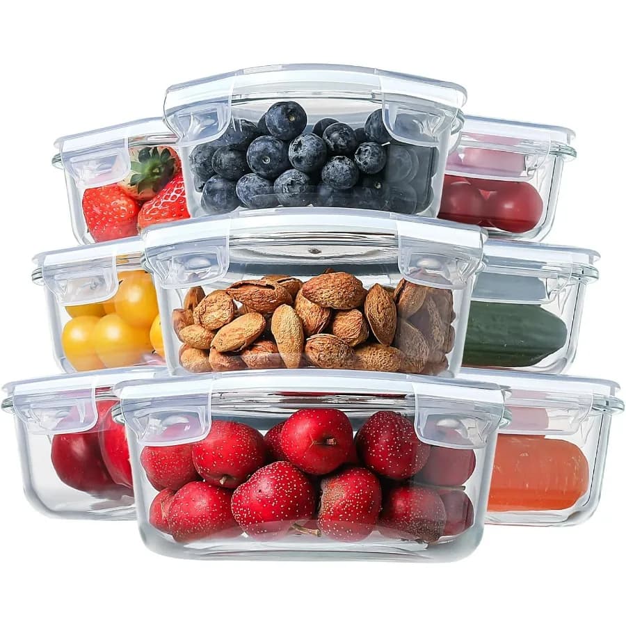 Contenitori per alimenti in vetro con coperchi, contenitori per la preparazione dei pasti [18 pezzi], scatole ermetiche per il pranzo Bento (9 coperchi e 9 contenitori) - W