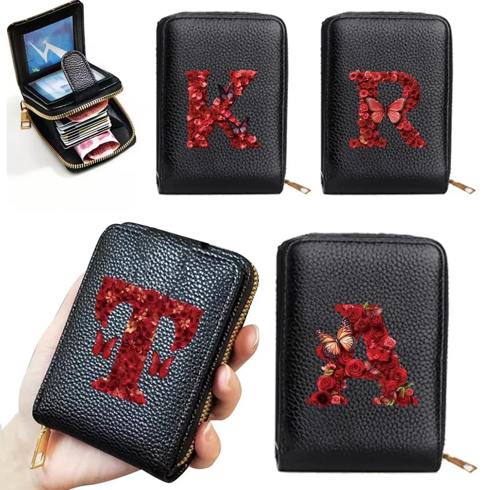 Portamonete da donna Portafoglio da donna con blocco RFID Porta carte di credito in pelle con cerniera Tasca portamonete Finestra identificativa Modello rosa rossa